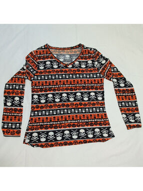 No Boundaries Girls XL/XG 15-17 V-Neck Long Sleeve Halloween Skull Tee
